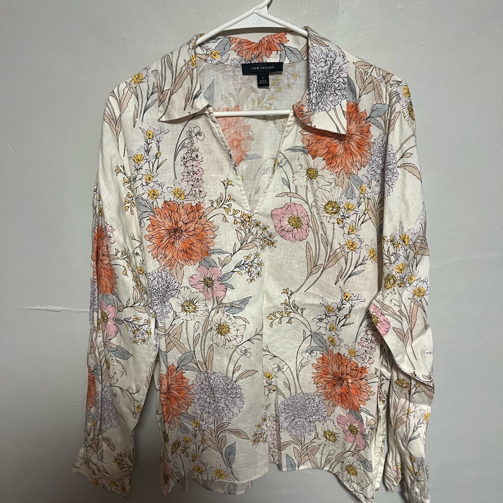 Ann Taylor Floral Blouse - Cream, Orange, Purple